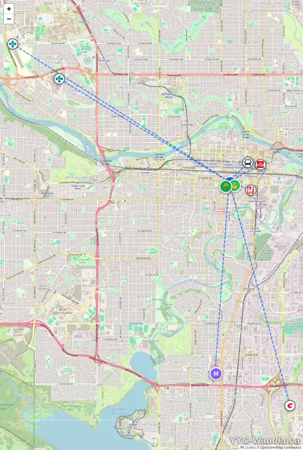 Daily accessibility map for 1907 310 12 AV SW, Calgary showing nearby schools, grocery stores, parks, LRT stations and nearby amenities