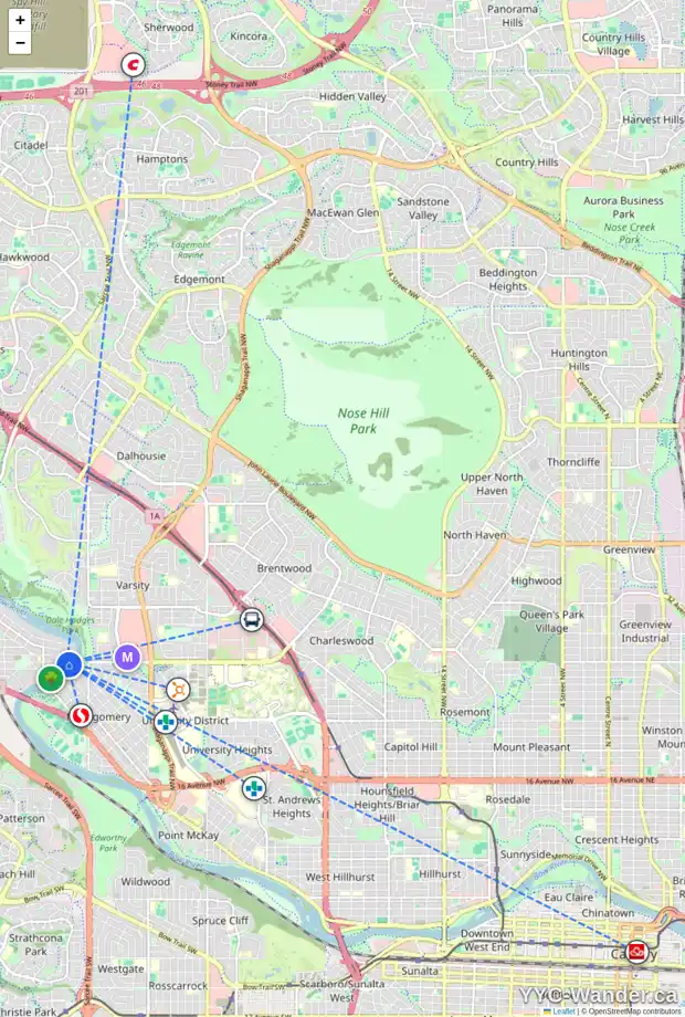Daily accessibility map for 5884 BOW CR NW, Calgary showing nearby schools, grocery stores, parks, LRT stations and nearby amenities
