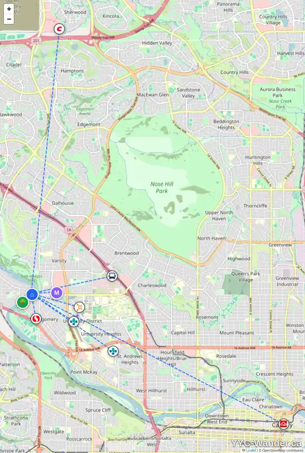 Daily accessibility map for 5910 BOW CR NW, Calgary showing nearby schools, grocery stores, parks, LRT stations and nearby amenities