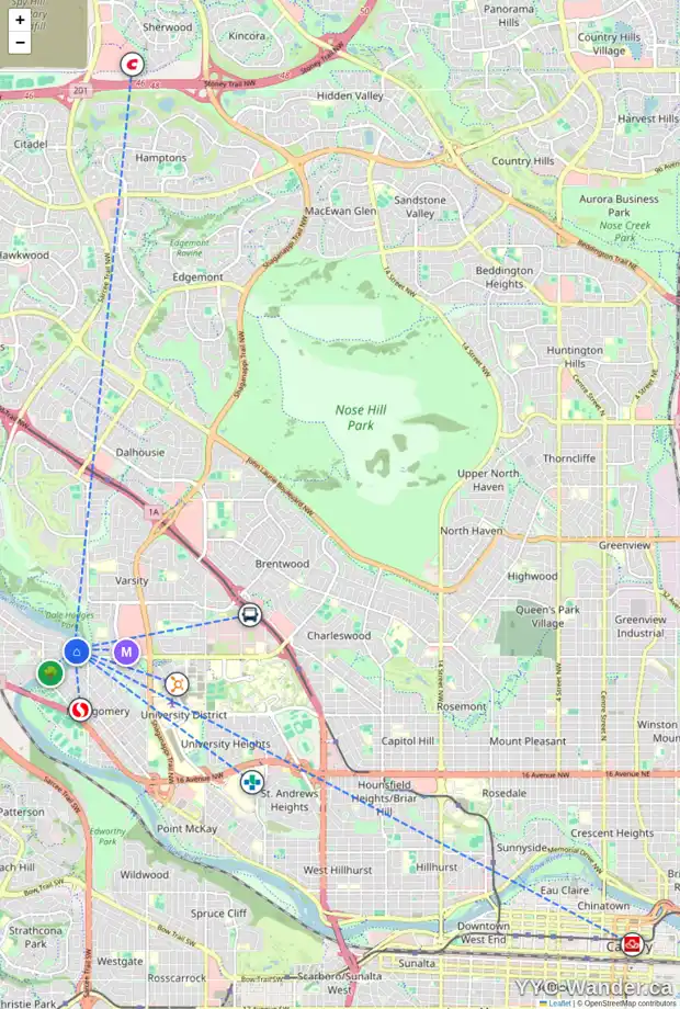 Daily accessibility map for 8 BOWBANK CR NW, Calgary showing nearby schools, grocery stores, parks, LRT stations and nearby amenities