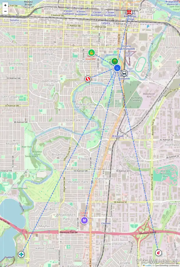 Daily accessibility map for 502 59 22 AV SW, Calgary showing nearby schools, grocery stores, parks, LRT stations and nearby amenities