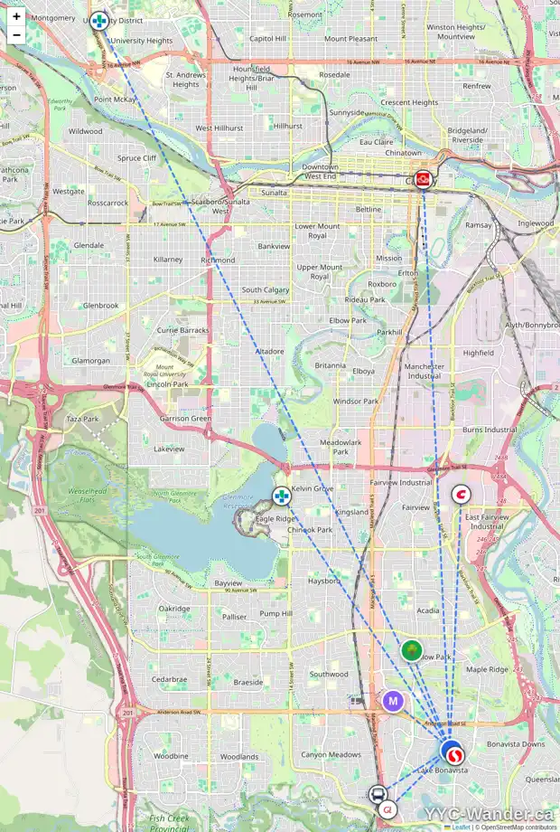 Daily accessibility map for 12228 LAKE LOUISE WY SE, Calgary showing nearby schools, grocery stores, parks, LRT stations and nearby amenities
