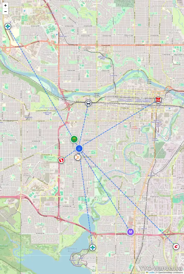 Daily accessibility map for 1925 29 AV SW, Calgary showing nearby schools, grocery stores, parks, LRT stations and nearby amenities