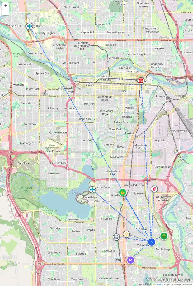 Daily accessibility map for 651 ACADIA DR SE, Calgary showing nearby schools, grocery stores, parks, LRT stations and nearby amenities