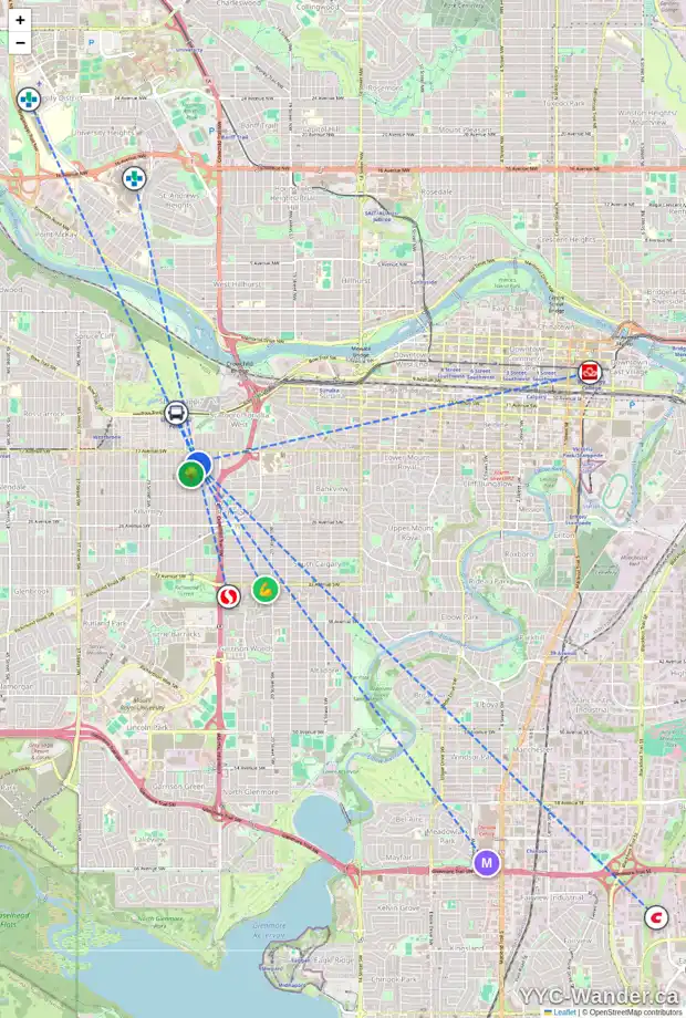 Daily accessibility map for 1 1934 25A ST SW, Calgary showing nearby schools, grocery stores, parks, LRT stations and nearby amenities