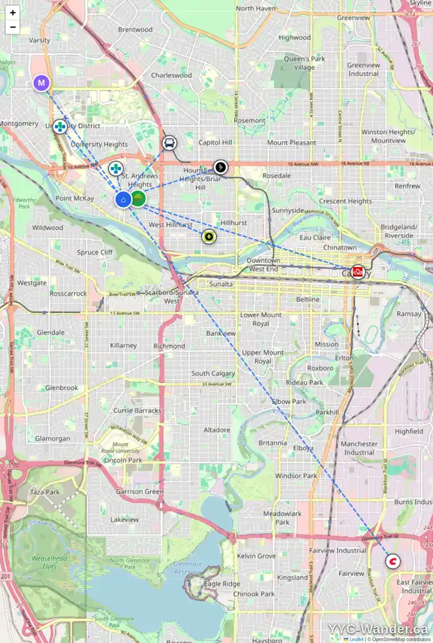 Daily accessibility map for 937 32 ST NW, Calgary showing nearby schools, grocery stores, parks, LRT stations and nearby amenities