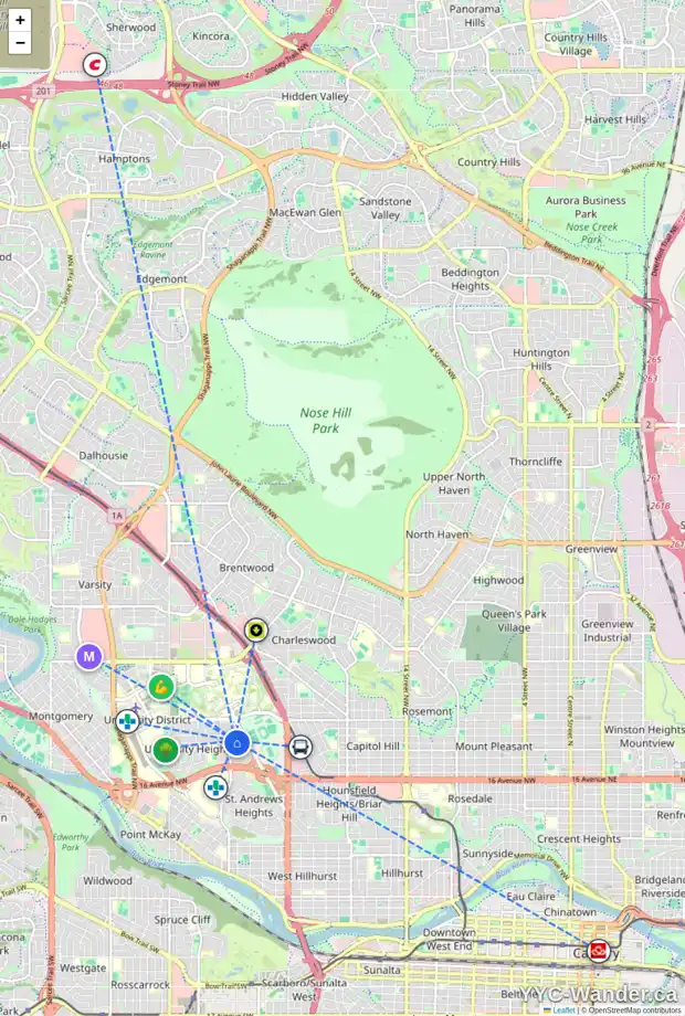 Daily accessibility map for 2918 UNWIN RD NW, Calgary showing nearby schools, grocery stores, parks, LRT stations and nearby amenities