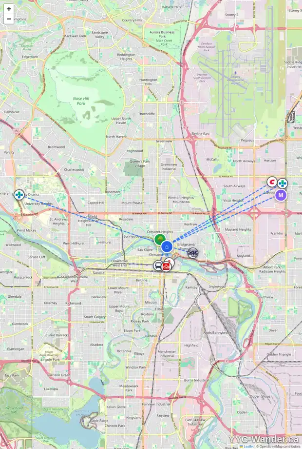Daily accessibility map for 2 311 2 AV NE, Calgary showing nearby schools, grocery stores, parks, LRT stations and nearby amenities