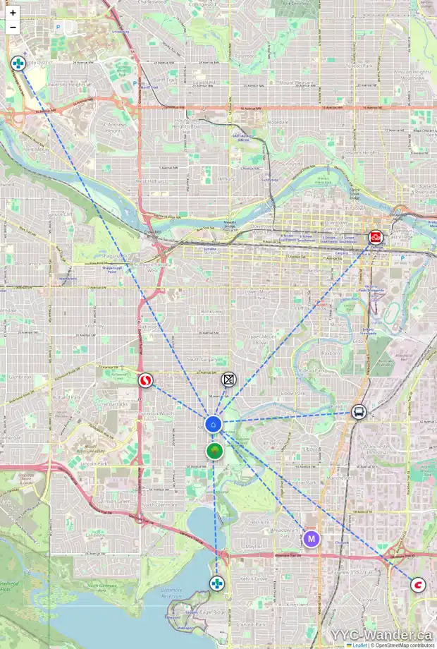 Daily accessibility map for 1627 42 AV SW, Calgary showing nearby schools, grocery stores, parks, LRT stations and nearby amenities