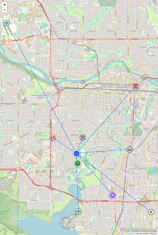 Daily accessibility map for 1635 42 AV SW, Calgary showing nearby schools, grocery stores, parks, LRT stations and nearby amenities