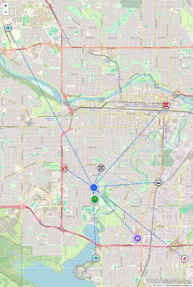 Daily accessibility map for 1631 42 AV SW, Calgary showing nearby schools, grocery stores, parks, LRT stations and nearby amenities
