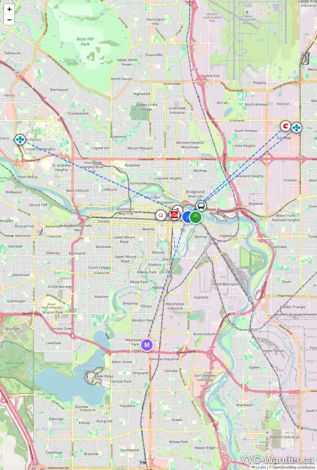 Daily accessibility map for 403 624 8 AV SE, Calgary showing nearby schools, grocery stores, parks, LRT stations and nearby amenities