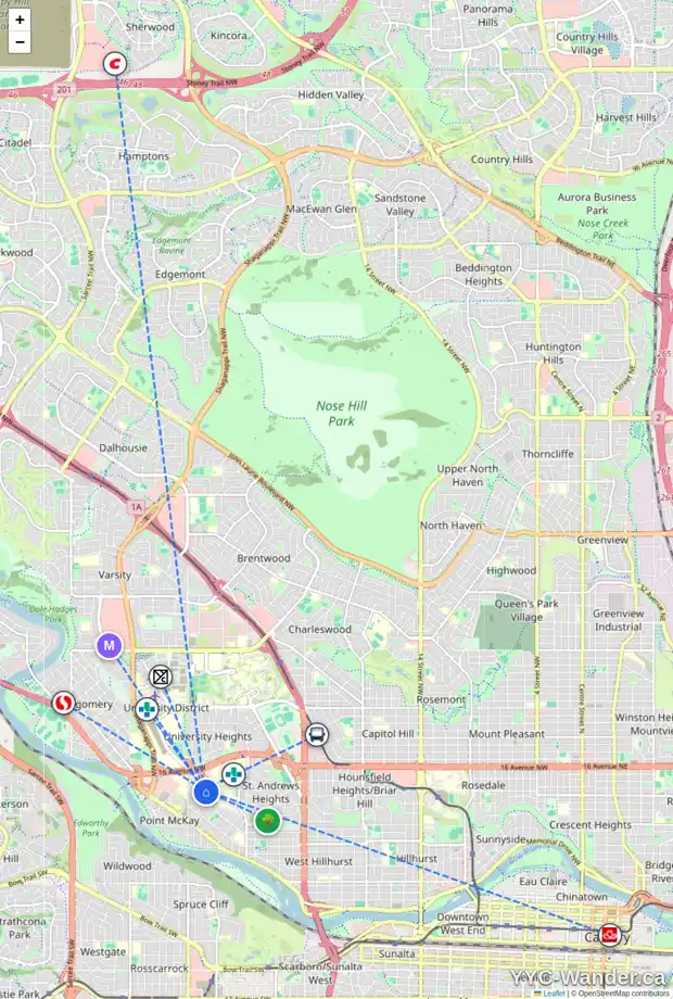 Daily accessibility map for 3620 8 AV NW, Calgary showing nearby schools, grocery stores, parks, LRT stations and nearby amenities