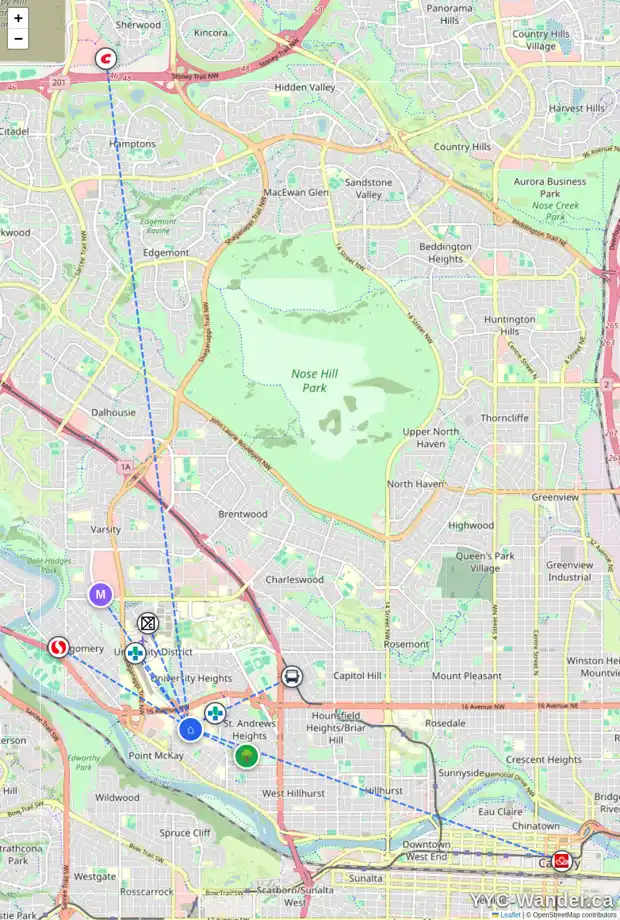 Daily accessibility map for 1005 36 ST NW, Calgary showing nearby schools, grocery stores, parks, LRT stations and nearby amenities