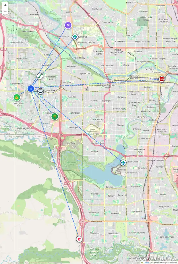 Daily accessibility map for 78 ASPEN RIDGE SQ SW, Calgary showing nearby schools, grocery stores, parks, LRT stations and nearby amenities