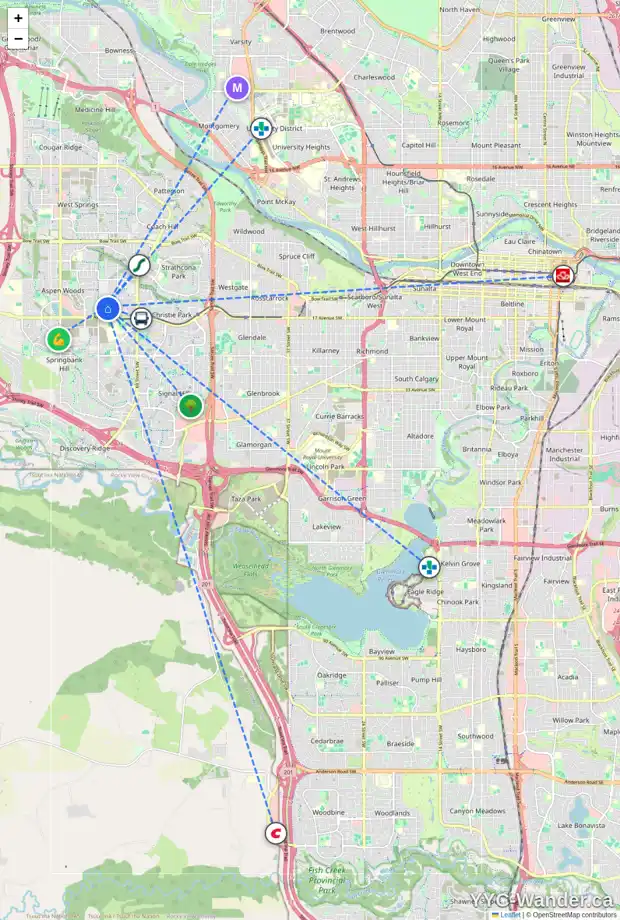 Daily accessibility map for 76 ASPEN RIDGE SQ SW, Calgary showing nearby schools, grocery stores, parks, LRT stations and nearby amenities