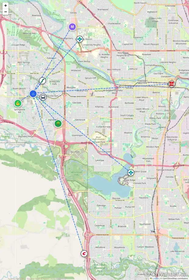 Daily accessibility map for 74 ASPEN RIDGE SQ SW, Calgary showing nearby schools, grocery stores, parks, LRT stations and nearby amenities
