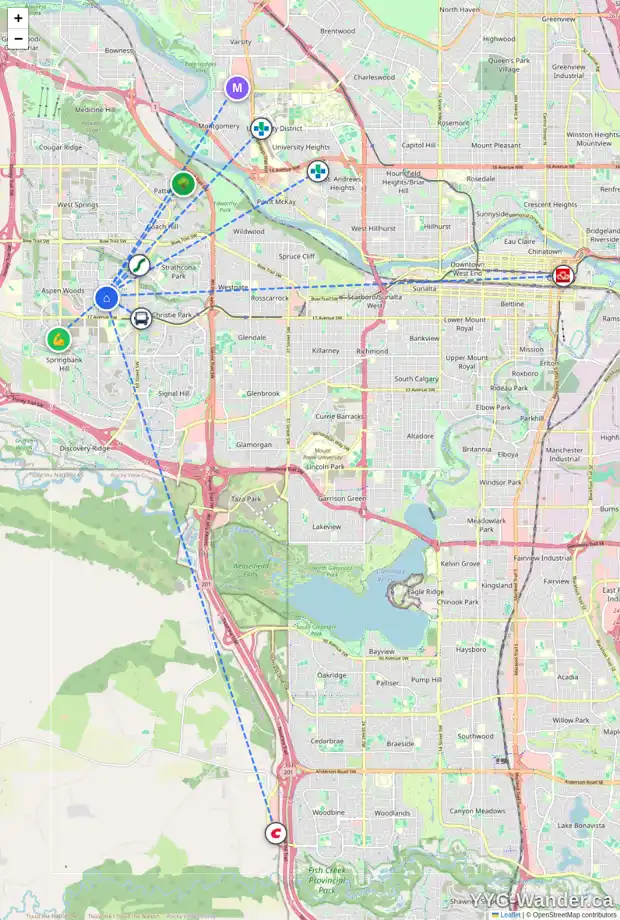 Daily accessibility map for 132 ASPEN RIDGE HT SW, Calgary showing nearby schools, grocery stores, parks, LRT stations and nearby amenities
