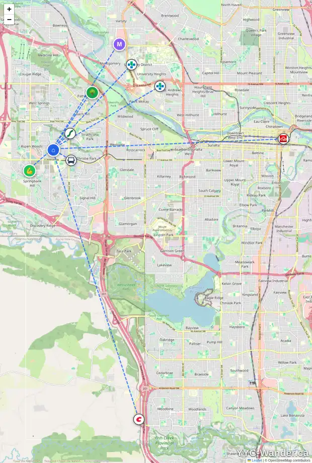 Daily accessibility map for 128 ASPEN RIDGE HT SW, Calgary showing nearby schools, grocery stores, parks, LRT stations and nearby amenities