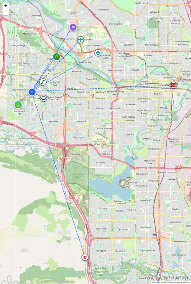 Daily accessibility map for 120 ASPEN RIDGE HT SW, Calgary showing nearby schools, grocery stores, parks, LRT stations and nearby amenities