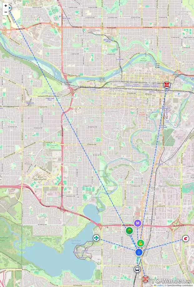 Daily accessibility map for 7660 4A ST SW, Calgary showing nearby schools, grocery stores, parks, LRT stations and nearby amenities