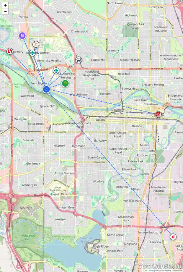 Daily accessibility map for 118 35 ST NW, Calgary showing nearby schools, grocery stores, parks, LRT stations and nearby amenities