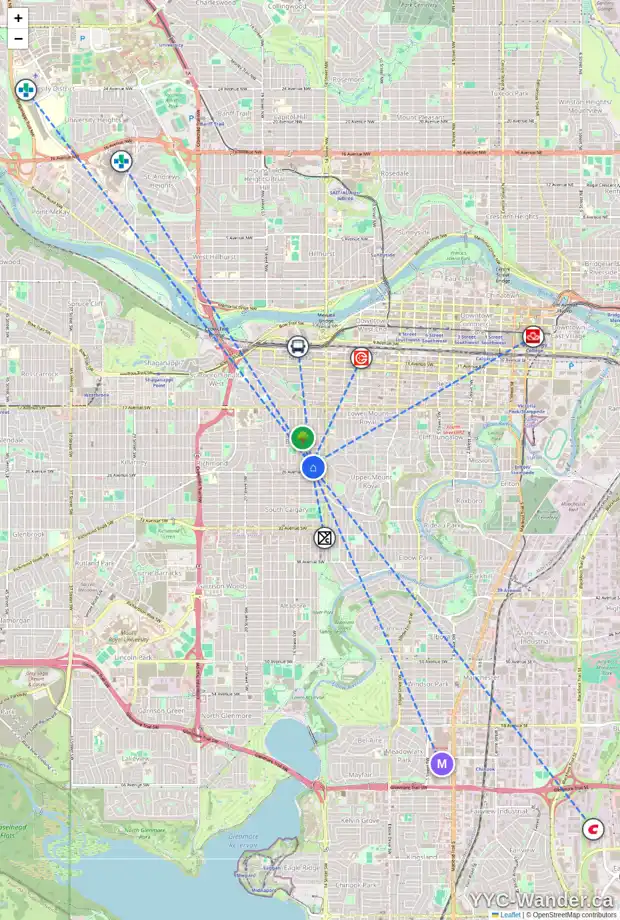 Daily accessibility map for 2603 15 ST SW, Calgary showing nearby schools, grocery stores, parks, LRT stations and nearby amenities