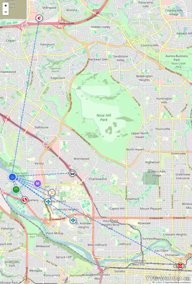 Daily accessibility map for 6140 BOW CR NW, Calgary showing nearby schools, grocery stores, parks, LRT stations and nearby amenities