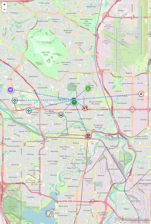 Daily accessibility map for 632 24 AV NW, Calgary showing nearby schools, grocery stores, parks, LRT stations and nearby amenities