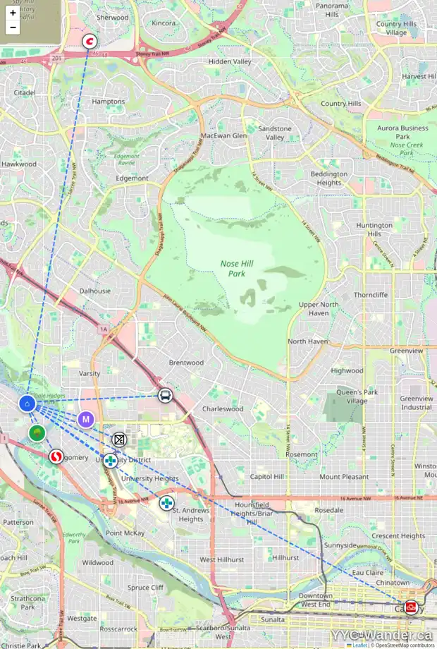 Daily accessibility map for 6208 BOW CR NW, Calgary showing nearby schools, grocery stores, parks, LRT stations and nearby amenities