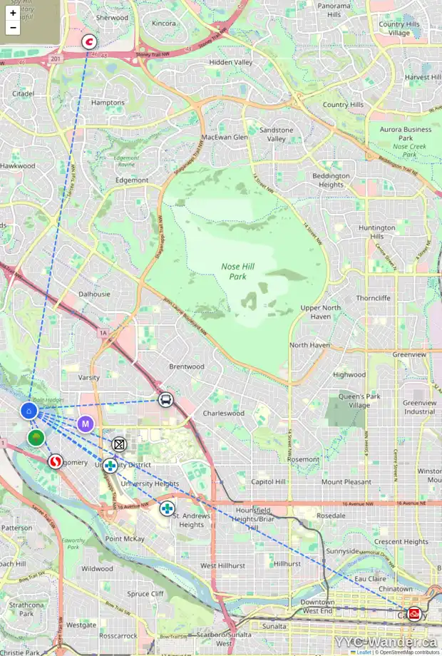 Daily accessibility map for 6132 BOW CR NW, Calgary showing nearby schools, grocery stores, parks, LRT stations and nearby amenities