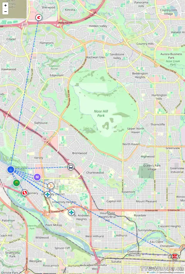 Daily accessibility map for 6232 BOW CR NW, Calgary showing nearby schools, grocery stores, parks, LRT stations and nearby amenities