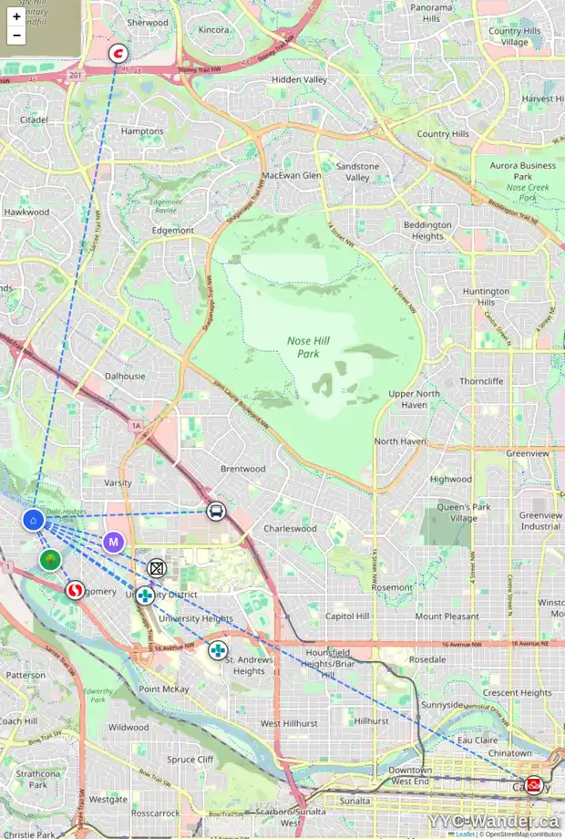 Daily accessibility map for 6226 BOW CR NW, Calgary showing nearby schools, grocery stores, parks, LRT stations and nearby amenities