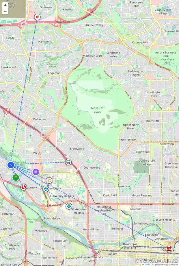 Daily accessibility map for 6224 BOW CR NW, Calgary showing nearby schools, grocery stores, parks, LRT stations and nearby amenities