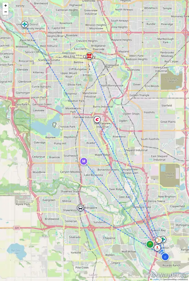 Daily accessibility map for 90 SETON RD SE, Calgary showing nearby schools, grocery stores, parks, LRT stations and nearby amenities