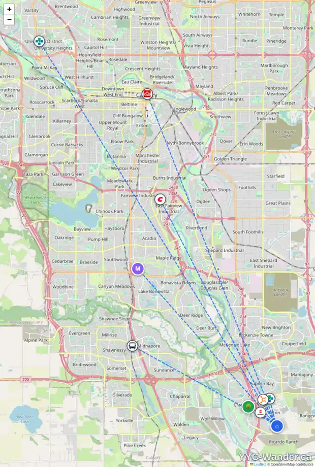 Daily accessibility map for 20609 MAIN ST SE, Calgary showing nearby schools, grocery stores, parks, LRT stations and nearby amenities