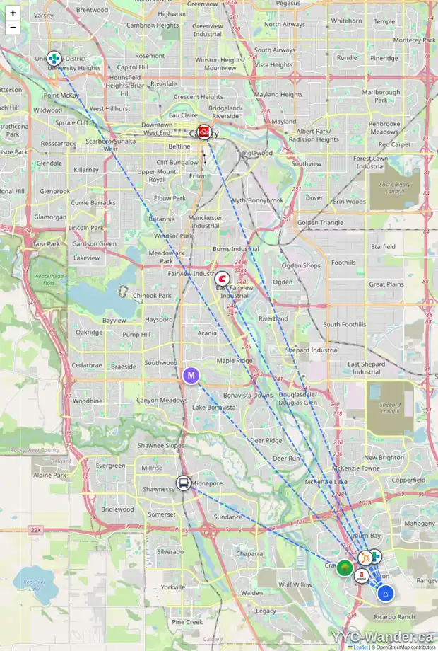 Daily accessibility map for 20584 MAIN ST SE, Calgary showing nearby schools, grocery stores, parks, LRT stations and nearby amenities