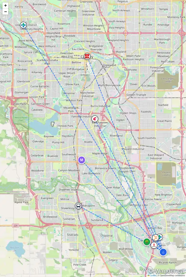 Daily accessibility map for 20537 MAIN ST SE, Calgary showing nearby schools, grocery stores, parks, LRT stations and nearby amenities