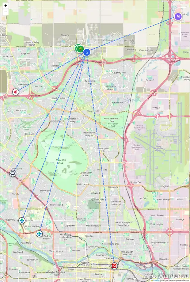 Daily accessibility map for 85 CARRINGTON RD NW, Calgary showing nearby schools, grocery stores, parks, LRT stations and nearby amenities
