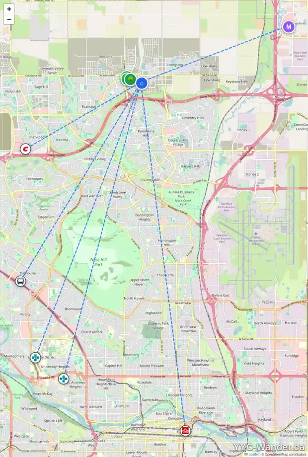 Daily accessibility map for 161 CARRINGTON CR NW, Calgary showing nearby schools, grocery stores, parks, LRT stations and nearby amenities