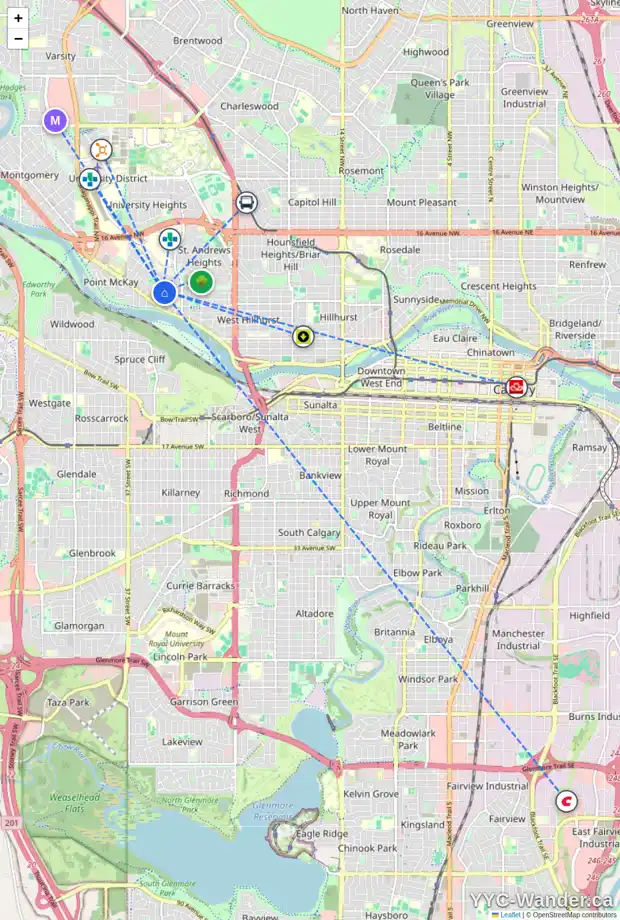 Daily accessibility map for 711 33 ST NW, Calgary showing nearby schools, grocery stores, parks, LRT stations and nearby amenities
