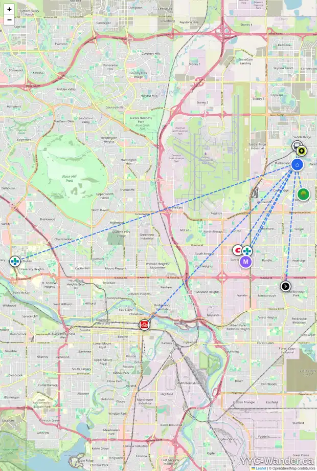 Daily accessibility map for 1628 7451 FALCONRIDGE BV NE, Calgary showing nearby schools, grocery stores, parks, LRT stations and nearby amenities