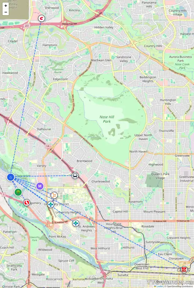Daily accessibility map for 6314 BOW CR NW, Calgary showing nearby schools, grocery stores, parks, LRT stations and nearby amenities