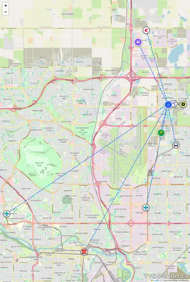 Daily accessibility map for 105 11428 52 ST NE, Calgary showing nearby schools, grocery stores, parks, LRT stations and nearby amenities