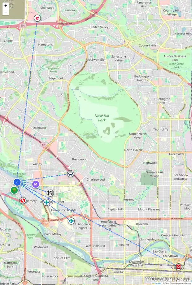Daily accessibility map for 5922 BOWWATER CR NW, Calgary showing nearby schools, grocery stores, parks, LRT stations and nearby amenities