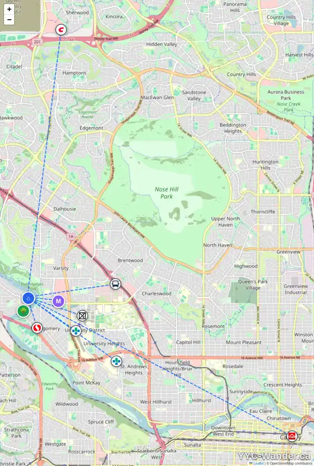 Daily accessibility map for 5920 BOWWATER CR NW, Calgary showing nearby schools, grocery stores, parks, LRT stations and nearby amenities