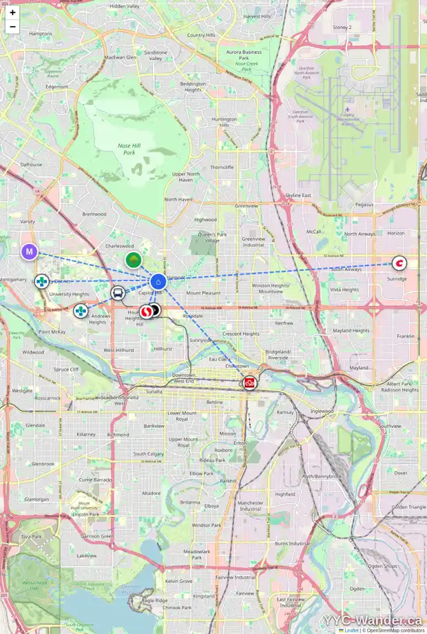 Daily accessibility map for 104 1616 24 AV NW, Calgary showing nearby schools, grocery stores, parks, LRT stations and nearby amenities