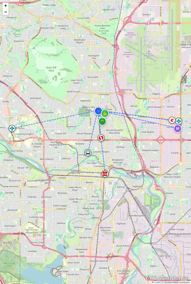 Daily accessibility map for 3713 CENTRE B ST NW, Calgary showing nearby schools, grocery stores, parks, LRT stations and nearby amenities