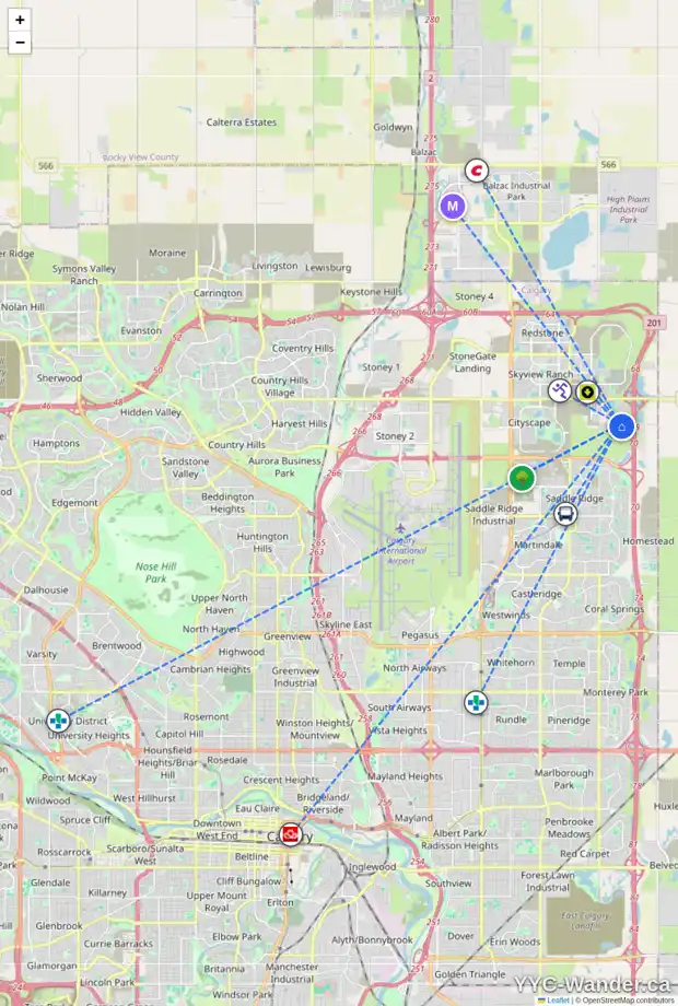 Daily accessibility map for 94 CORNER MEADOWS RO NE, Calgary showing nearby schools, grocery stores, parks, LRT stations and nearby amenities