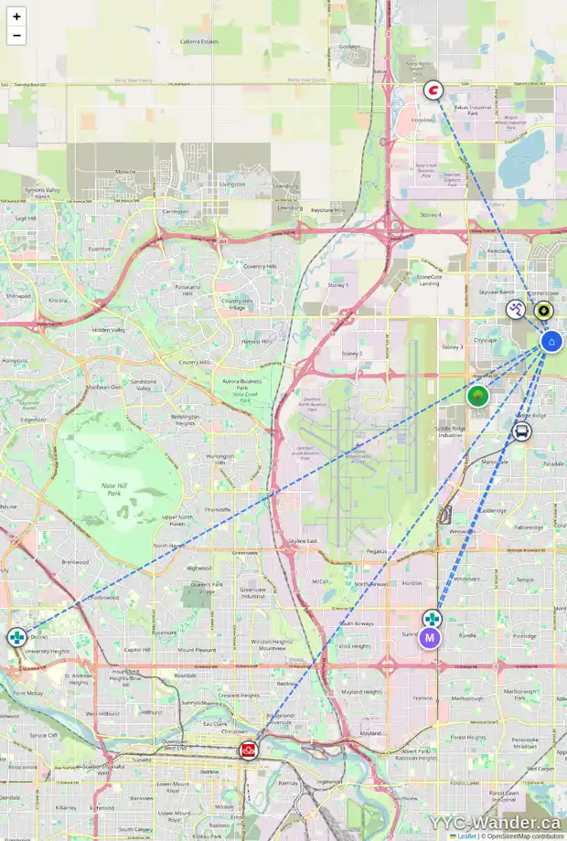Daily accessibility map for 37 CORNER RIDGE ME NE, Calgary showing nearby schools, grocery stores, parks, LRT stations and nearby amenities